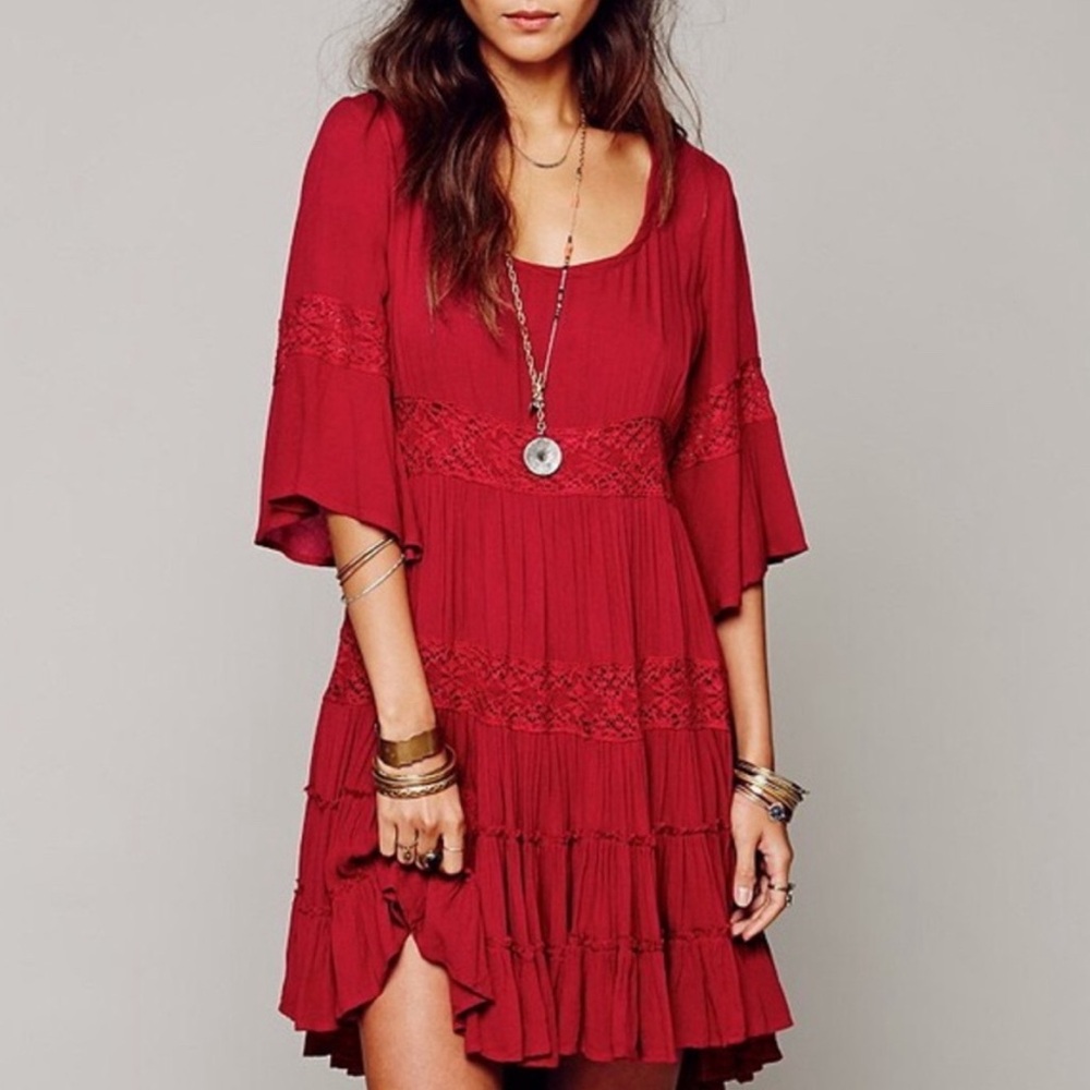 Free People Full Circle Tiered Ruffle Dress in Fuchsia Pink Size Small- EUC